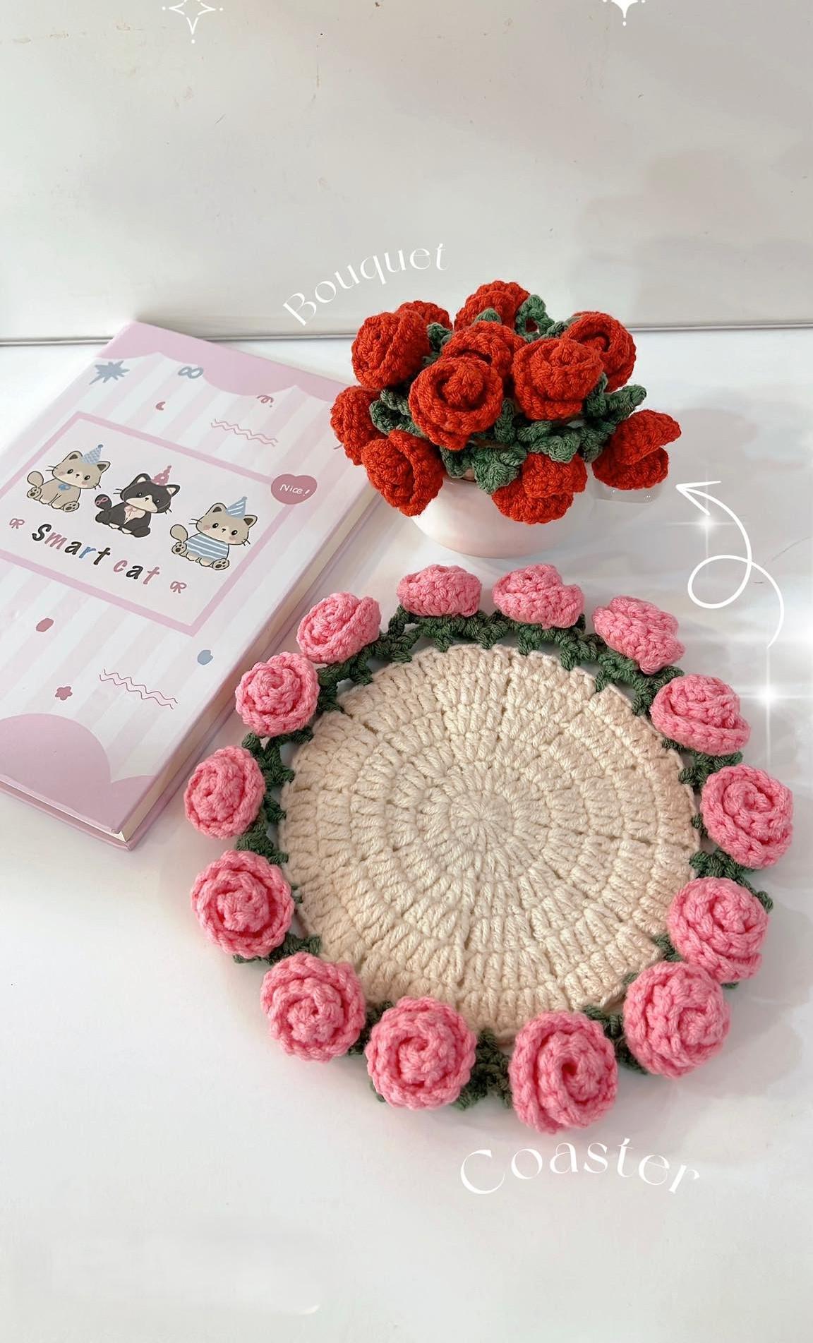 Handmade Crochet Flower Coaster, Crochet Flower Bouquet Blanket, Crochet Flower Bouquet, Mother's Day Gift, Crochet Coaster, Gift for Her