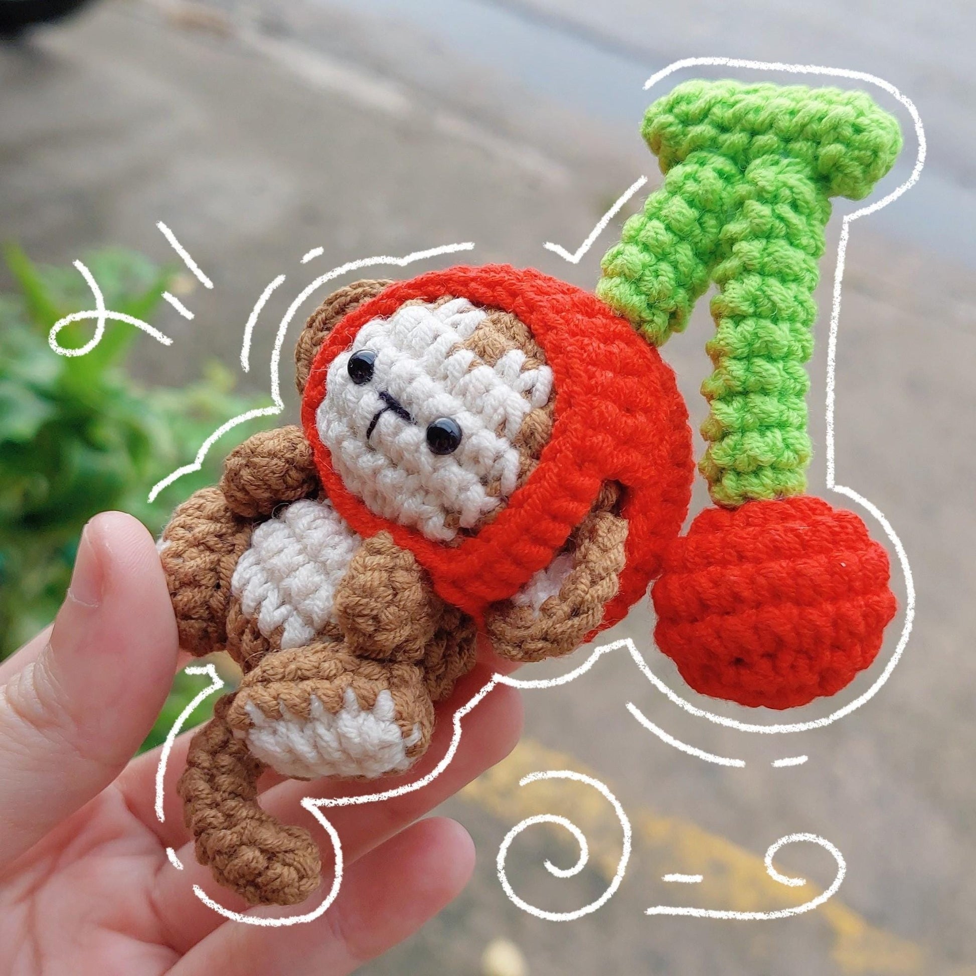 Crochet Monkey With Cherry Keychain, Amigurumi Monkey, Crochet Baby Monkey Plush Toy Keychain, Monkey Cute Gifts, Monkey Crochet Keychain