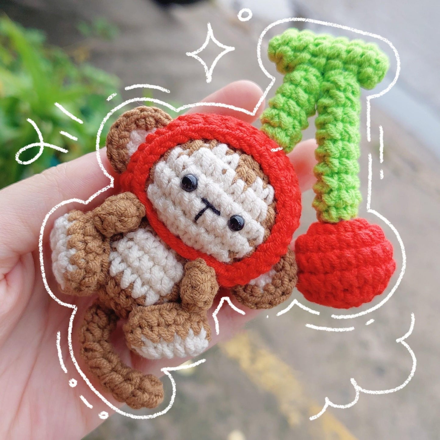 Crochet Monkey With Cherry Keychain, Amigurumi Monkey, Crochet Baby Monkey Plush Toy Keychain, Monkey Cute Gifts, Monkey Crochet Keychain