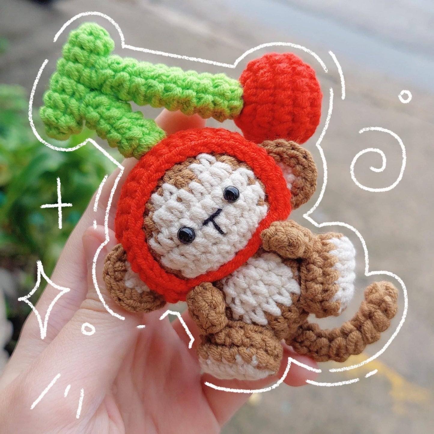 Crochet Monkey With Cherry Keychain, Amigurumi Monkey, Crochet Baby Monkey Plush Toy Keychain, Monkey Cute Gifts, Monkey Crochet Keychain