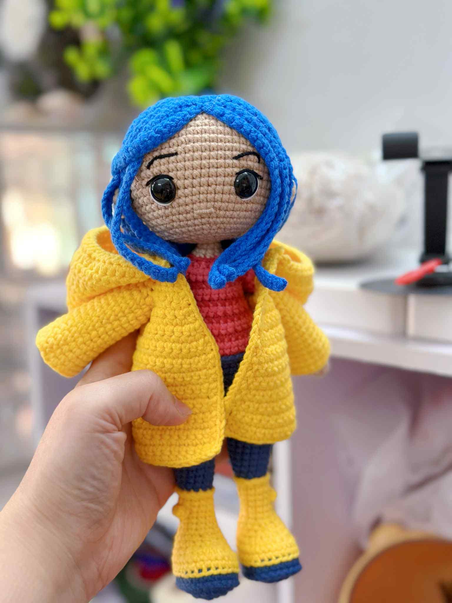 Crochet Halloween Doll with Black Cat: Handmade Amigurumi Plush, Blue-Haired Raincoat Girl, Yellow Raincoat Girl Doll