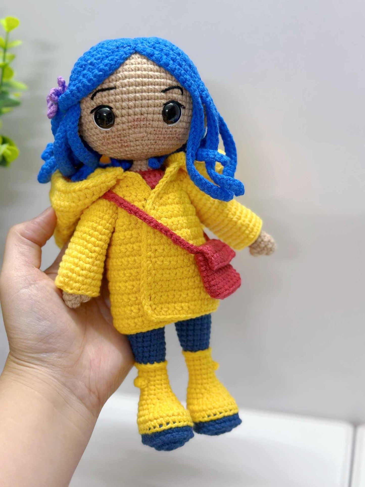 Crochet Halloween Doll with Black Cat: Handmade Amigurumi Plush, Blue-Haired Raincoat Girl, Yellow Raincoat Girl Doll