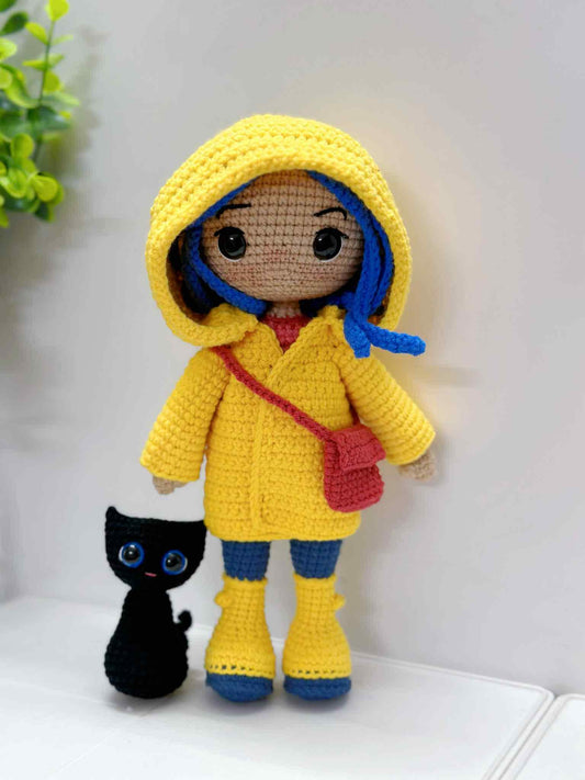 Crochet Halloween Doll with Black Cat: Handmade Amigurumi Plush, Blue-Haired Raincoat Girl, Yellow Raincoat Girl Doll