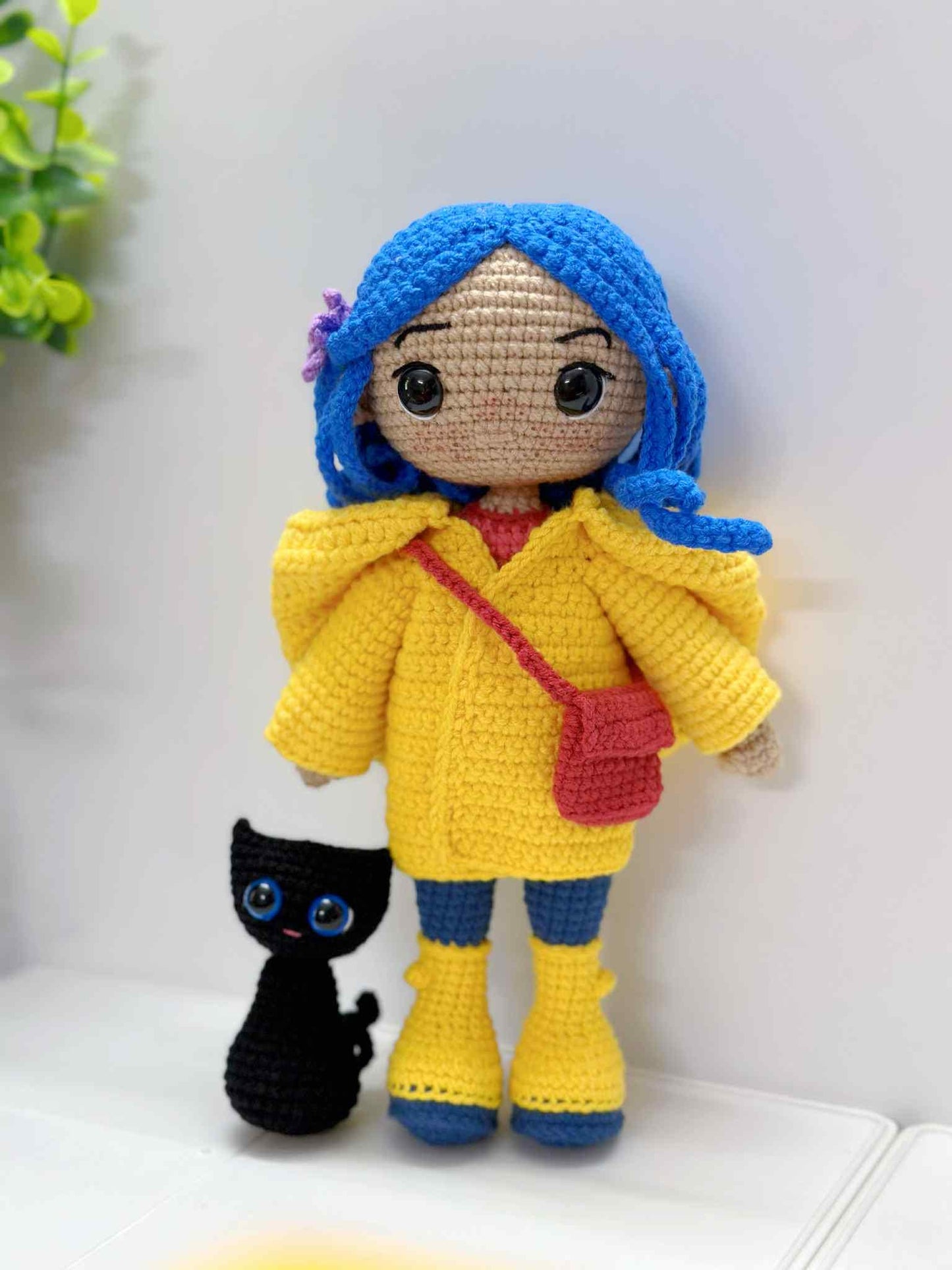 Crochet Halloween Doll with Black Cat: Handmade Amigurumi Plush, Blue-Haired Raincoat Girl, Yellow Raincoat Girl Doll