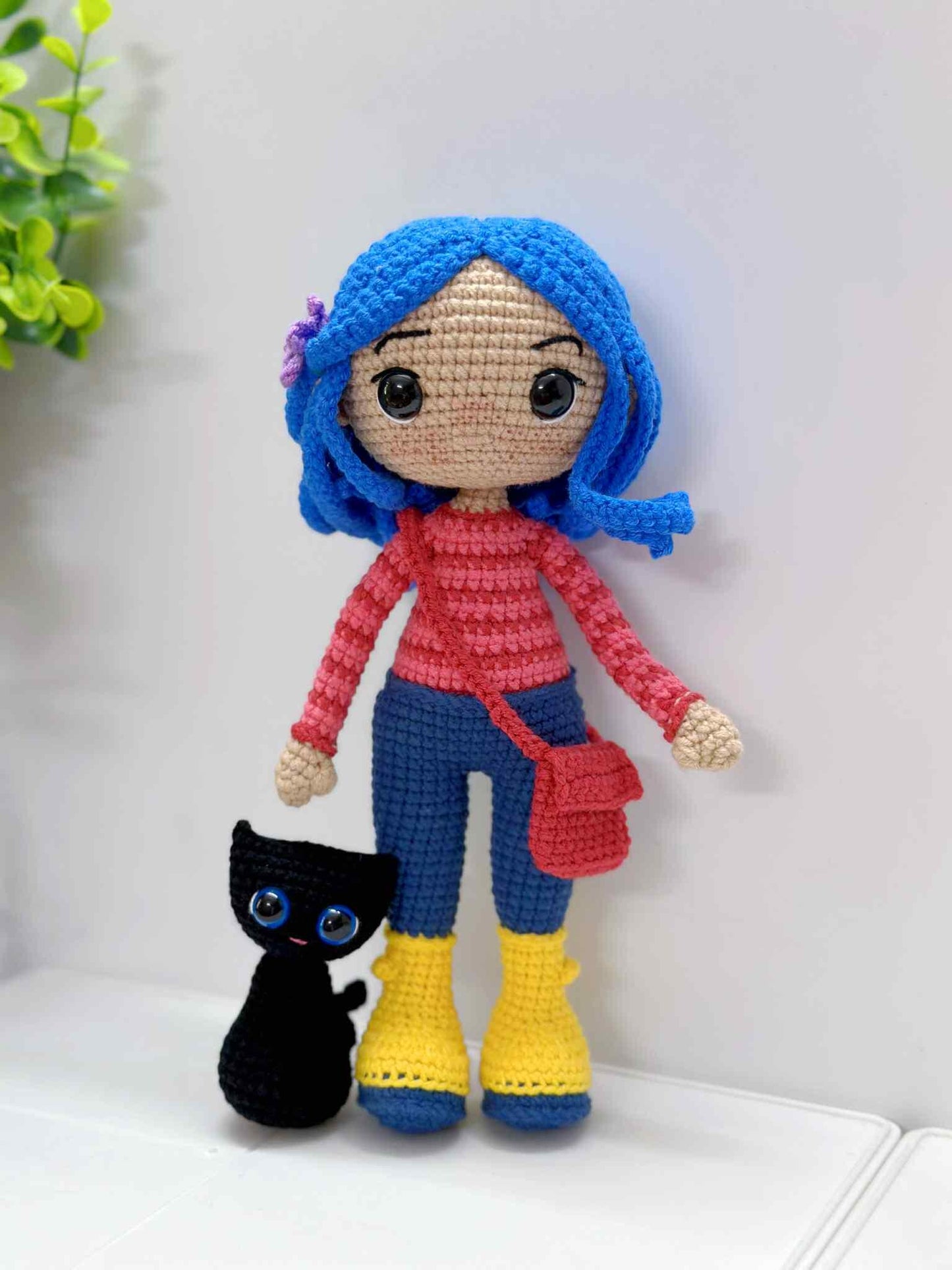 Crochet Halloween Doll with Black Cat: Handmade Amigurumi Plush, Blue-Haired Raincoat Girl, Yellow Raincoat Girl Doll