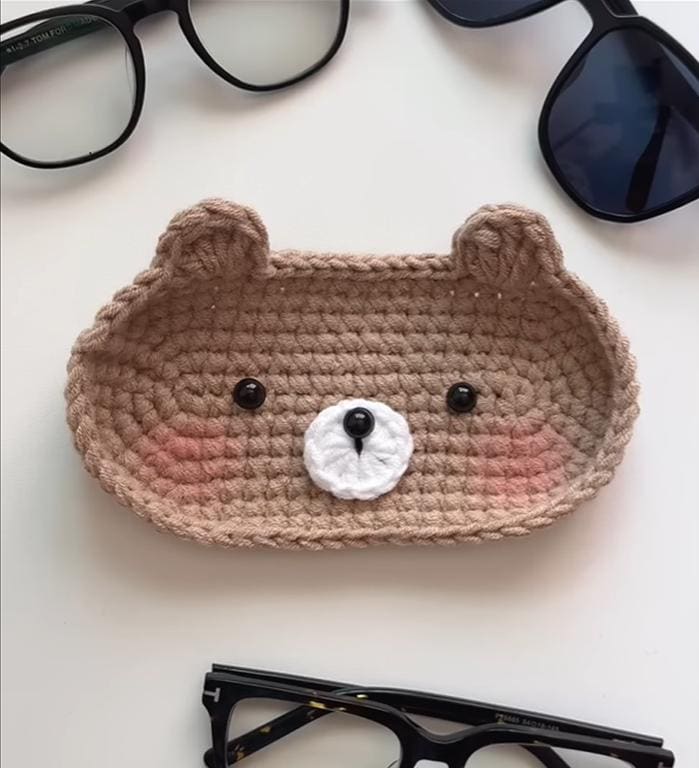 Crochet Bunny, Bear, Kitty Glasses Holder: Acrylic Yarn Bear Eyeglass Tray, Crochet Glasses Holder