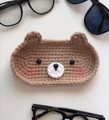 Crochet Bunny, Bear, Kitty Glasses Holder: Acrylic Yarn Bear Eyeglass Tray, Crochet Glasses Holder