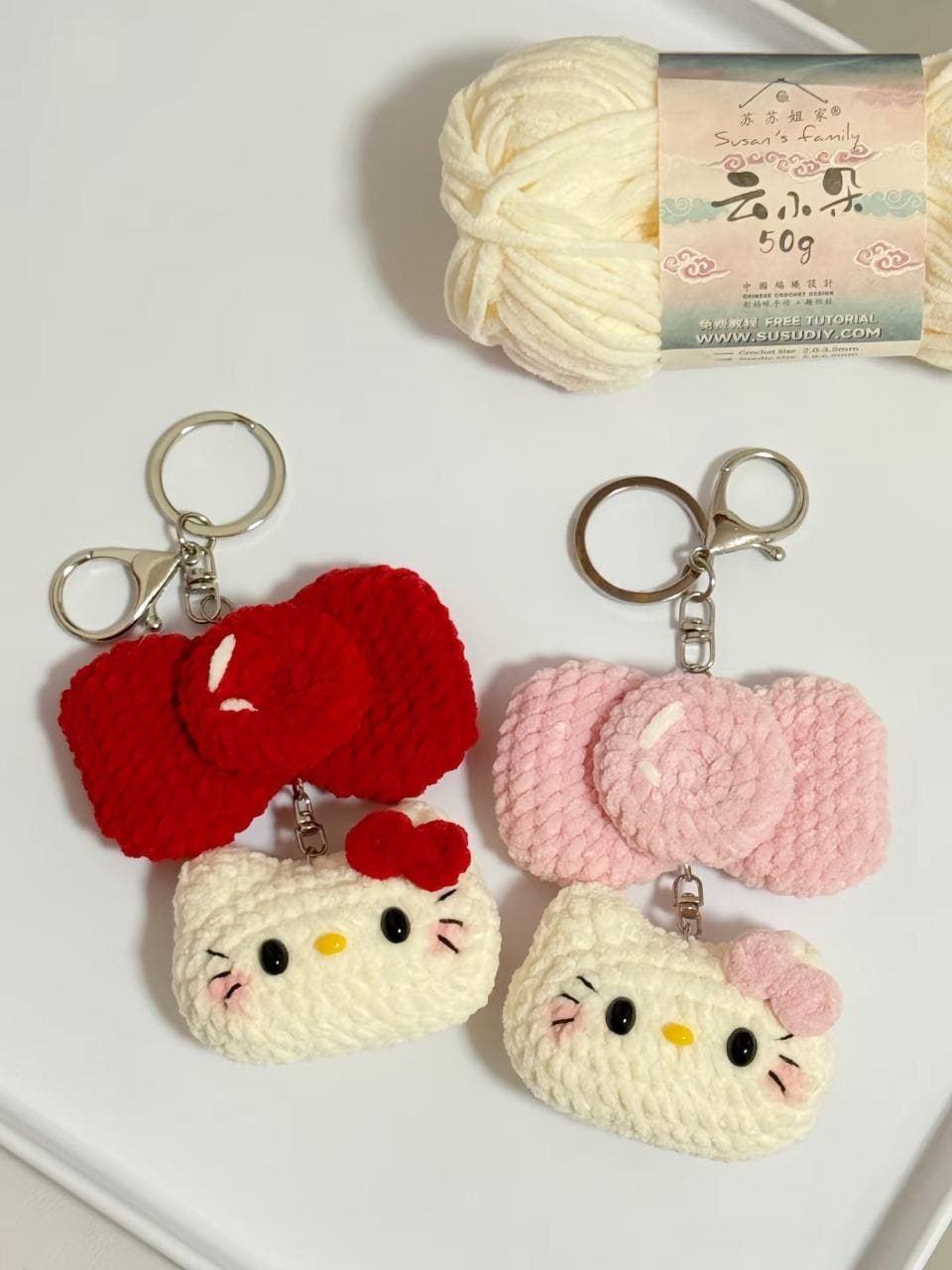Cute Crochet Kitty Bow Keychain, Handmade Cat Keychain, Kawaii Cat Bag Charm, Plush Kitty Keyring, Gift for Cat Lover, Cute Accessories