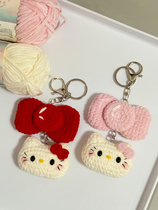 Cute Crochet Kitty Bow Keychain, Handmade Cat Keychain, Kawaii Cat Bag Charm, Plush Kitty Keyring, Gift for Cat Lover, Cute Accessories