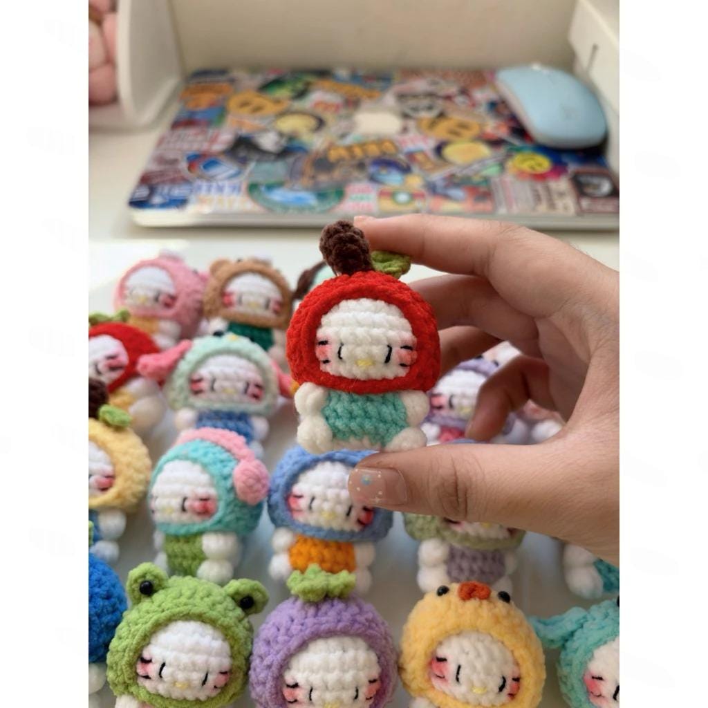 Cute Crochet Kitty Cosplay Plush, Handmade Amigurumi Cat Keychain, Kawaii Mini Plush Toy, Animal Costume Kitty, Gift for Cat Lovers