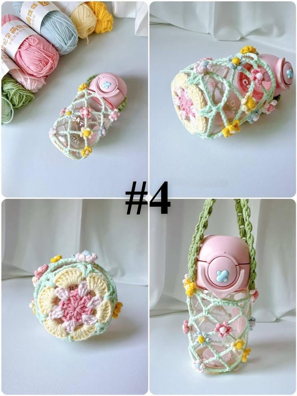 Floral Foldable Water Bottle Holder Crochet | Handmade Crochet Gift | Eco Friendly Bottle CarrierMesh Bottle Bag | 2-in-1 Flower Keychain |