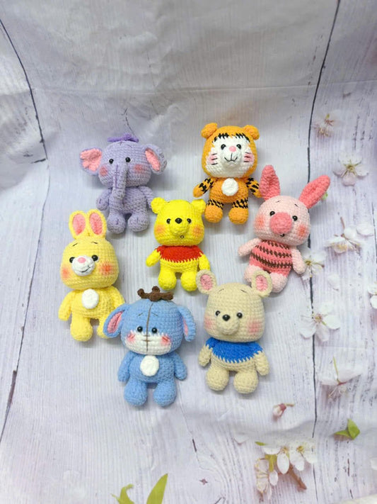 Crochet Winnie Pooh And Friends Set, Cute Animal Crochet Dolls Set – Kawaii Amigurumi Animals – Handmade Mini Plush Toys – Gift Set