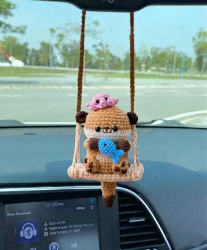 Cute Crochet Otter Car Hanging Ornament, Amigurumi Otter with Fish, Kawaii Car Charm, Handmade Rearview Mirror Accessory, Mother's Day Gift