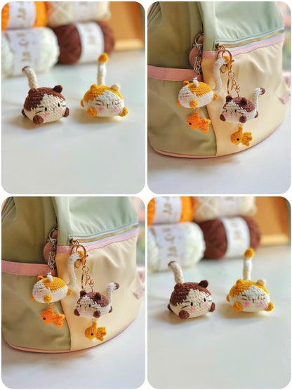 Cute Crochet Cat Keychain with Fish Charm, Amigurumi Cat Keyring, Kawaii Kitty Bag Charm, Handmade Animal Gift, Cat Lover, Crochet Cat