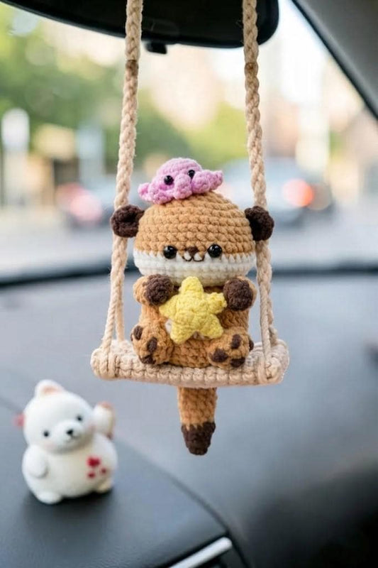 Cute Crochet Otter Car Hanging Ornament, Amigurumi Otter with Fish, Kawaii Car Charm, Handmade Rearview Mirror Accessory, Mother's Day Gift